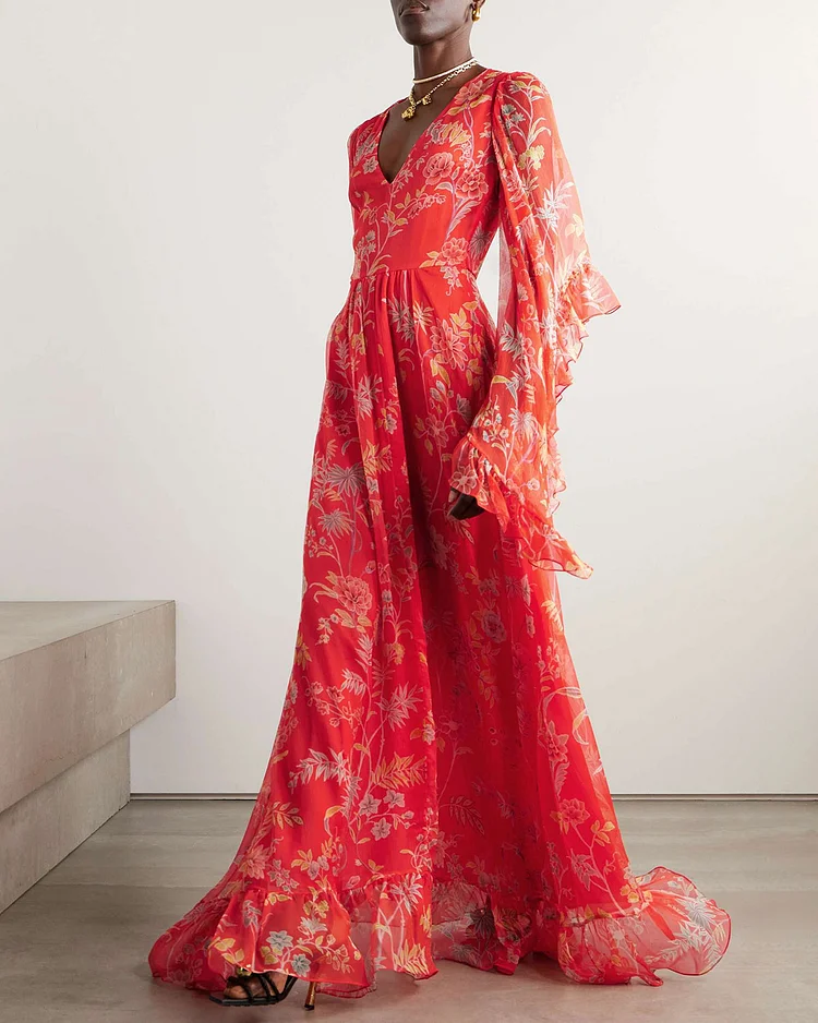 Ruffled floral-print silk-crepon maxi dress