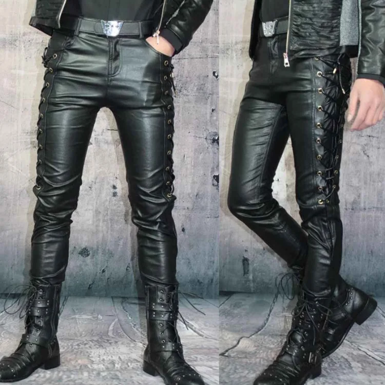 Men's Real Leather Bikers Pants Laces Up Front And Back Leather Pants