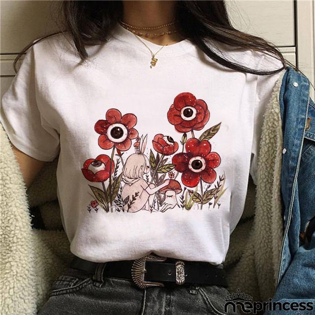 Women Fashion Floral Graphic Print Short Sleeve T-Shirt