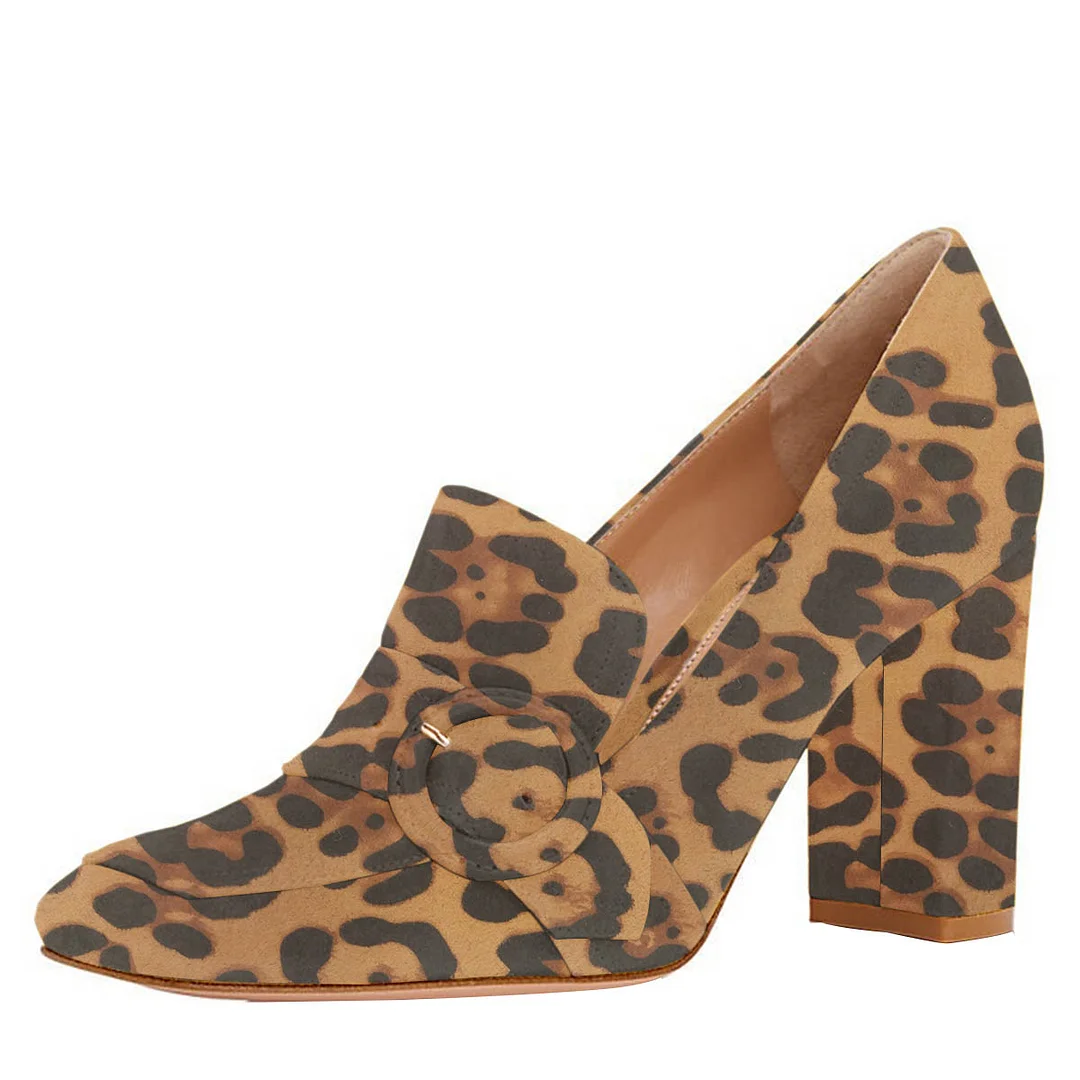 Vegan Suede Leopard Print Square Toe Round Buckle Loafer Heels