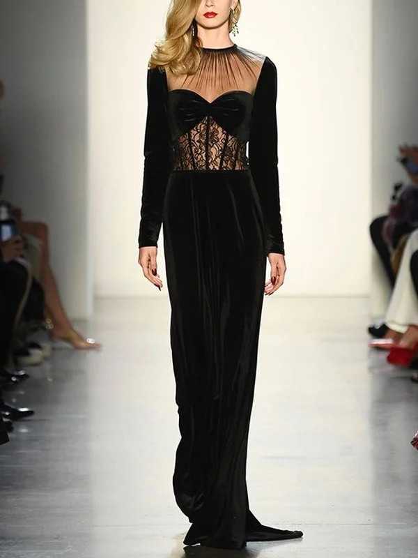 Velvet Lace Cutout Temperament Gowns