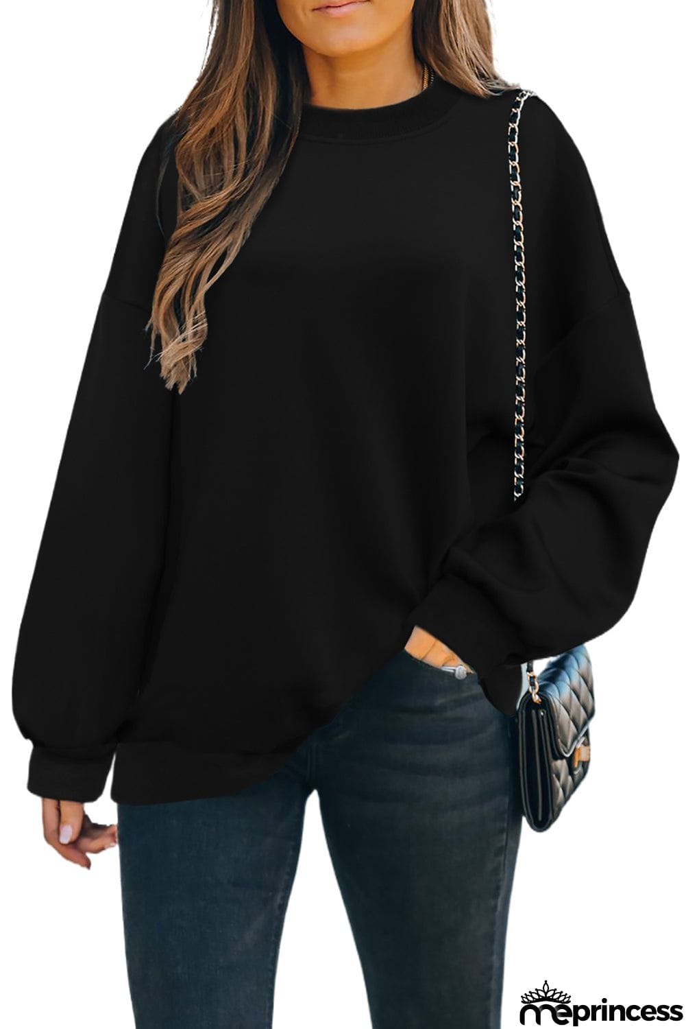 Plain Drop-shoulder Pullover Sweatshirt /Black/Green