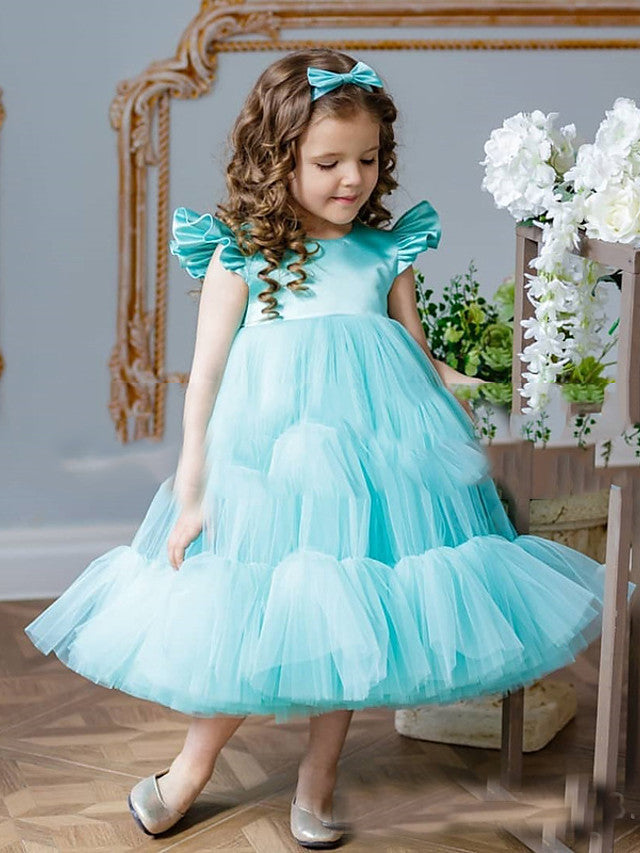 Oknass  A-Line Short Sleeve Jewel Neck Flower Girl Dresses  Satin Tulle With Cascading Ruffles  Splicing