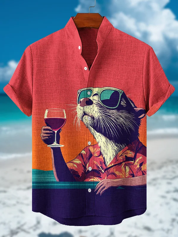 Men's Otter Drinks Red  Wine Print Short Sleeve Shirt
