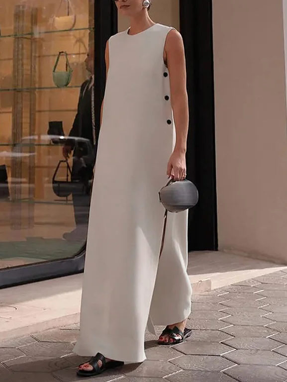 Loose Sleeveless Solid Color Split-Side Round-Neck Maxi Dresses