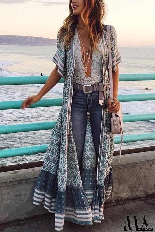 MidiSono - Print V Neck Short Sleeve Maxi Dress