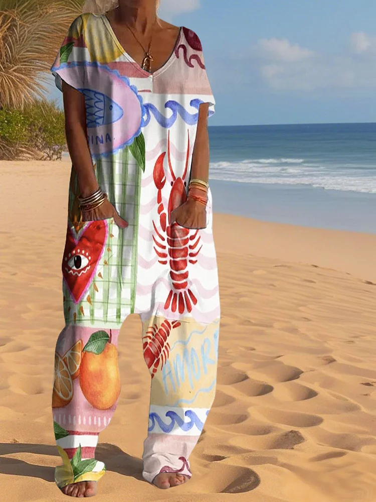 Casual Ocean World Art Print V Neck Jumpsuit