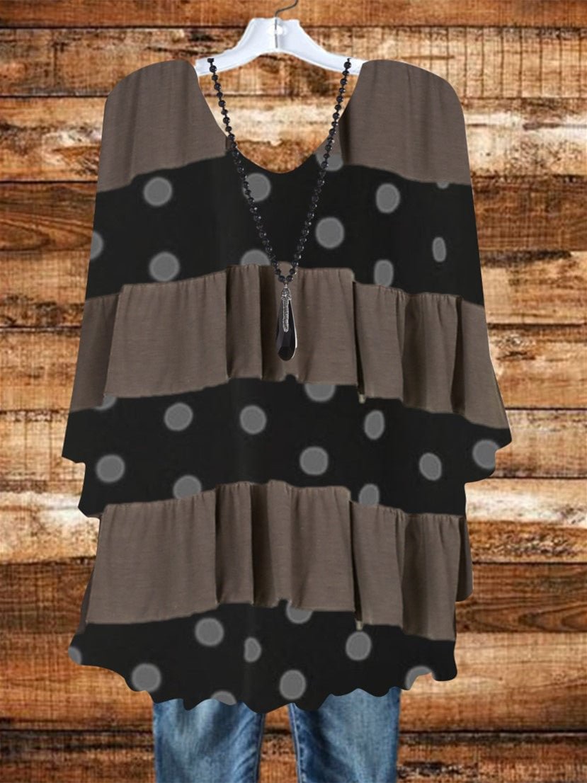 Women Half Sleeve Scoop Neck Polka Dot Stitching Tops