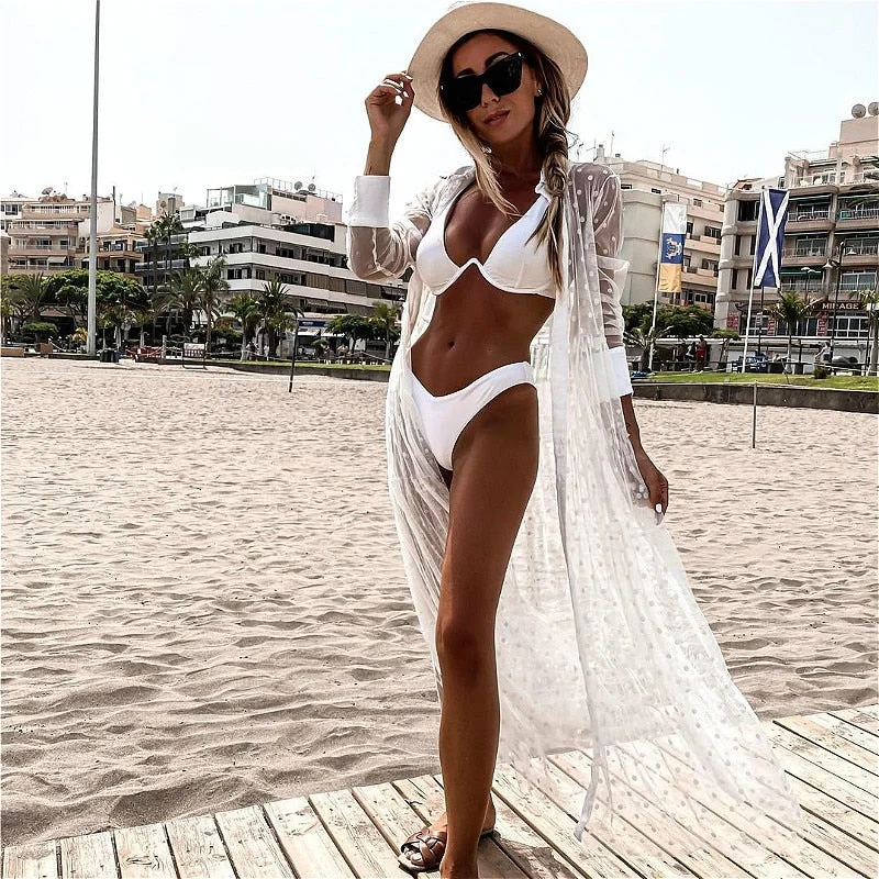 2021 New Bikini Cover-Ups Women Polka Dot Mesh Sheer Long Blouse Swimwear Summer See Through Sexy Beach Dress Cover Up
