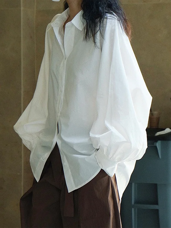 Casual Roomy Puff Sleeves Pure Color Lapel Blouses
