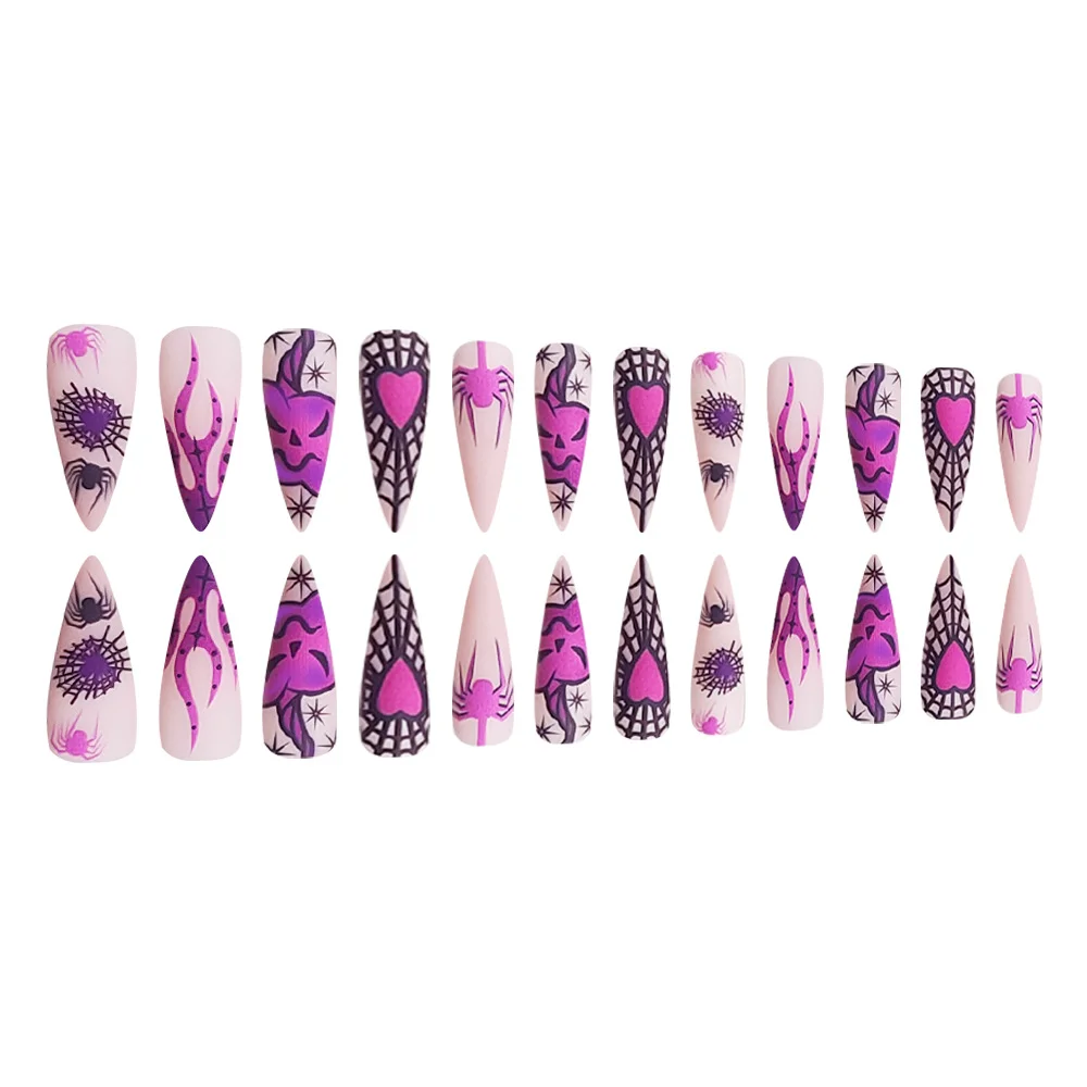 Churchf Churchf Long Pointed Nail Spider Web Purple Heart Cool Purple Halloween Element Fake Nail Finished Products Wear Nail Holiday Nail