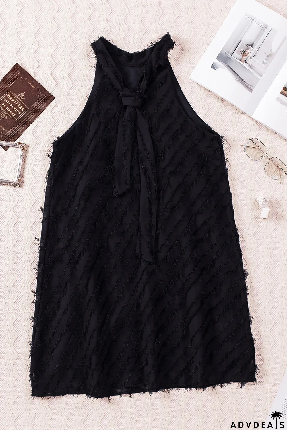 Black Textured Halter Lace-up Sleeveless Mini Dress