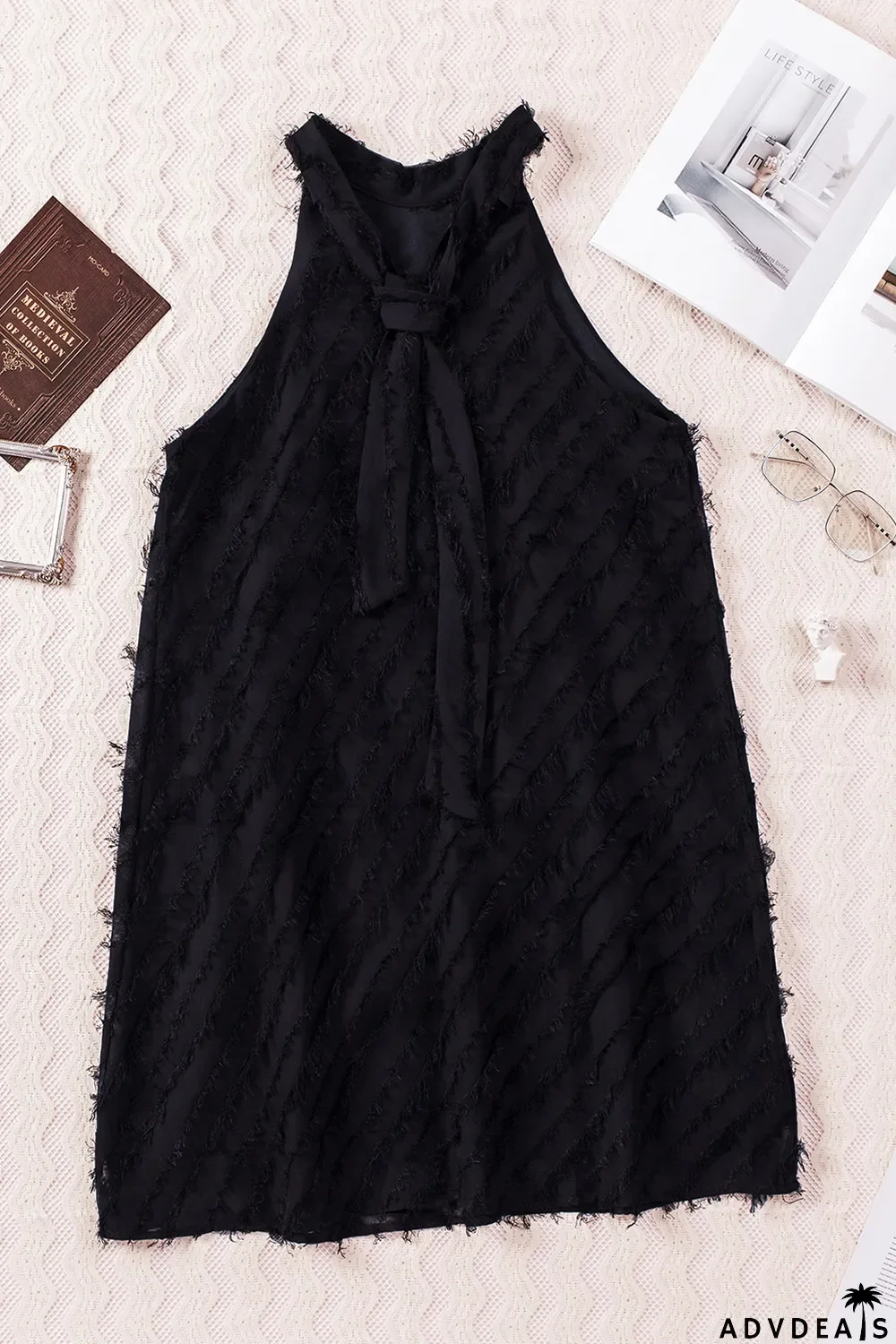 Black Textured Halter Lace-up Sleeveless Mini Dress