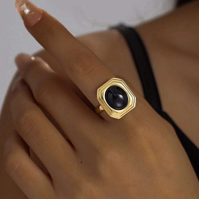 Classical Retro Vintage Style Geometric 304 Stainless Steel Natural Stone Inlay Rings