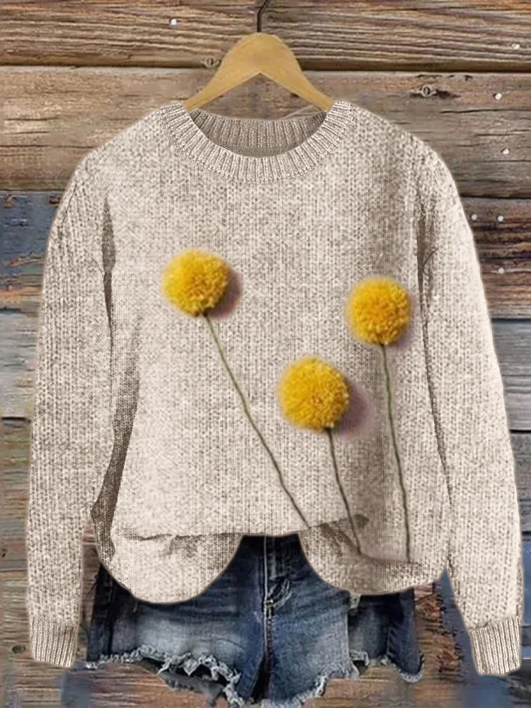 Dandelion Inspired Pom Poms Cozy Knit Sweater