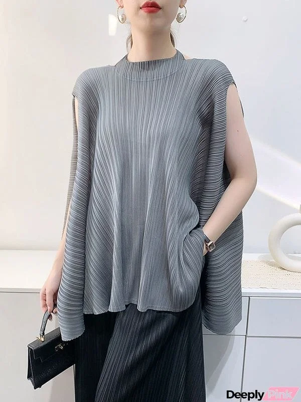 Loose Sleeveless Pleated Solid Color Halter-Neck T-Shirts Tops