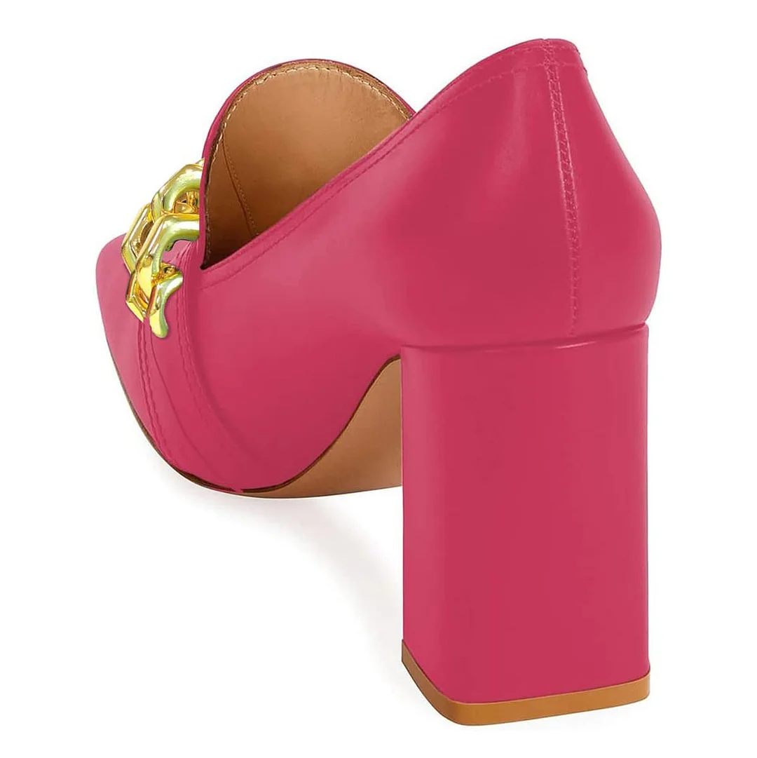 YDN Square Toe Gold Chain Pull-On Loafer Heels in Magenta
