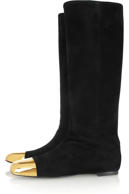 Suede Black Knee-High Flat Fashion Boots with Metal Toe Vdcoo