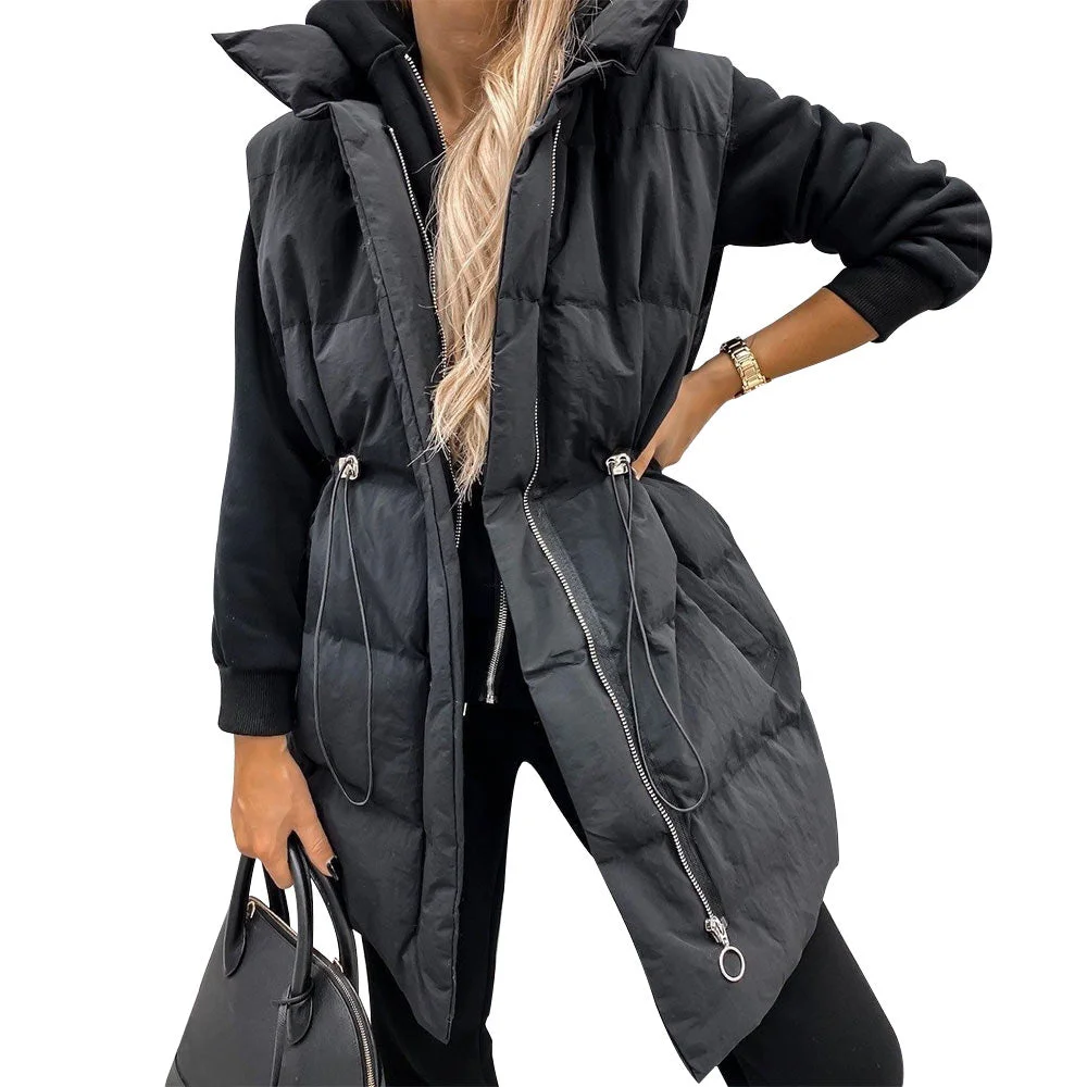 Elegant Fashion Women Solid Color Sleeveless Coat Waistcoat Waist Jacket Vest Down Padded Zipper Jackets Outwear Warm Lady Gilet