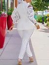 Lapel Collar Deep V-Neck Hollow Lace Buttoned White Fashion Suit