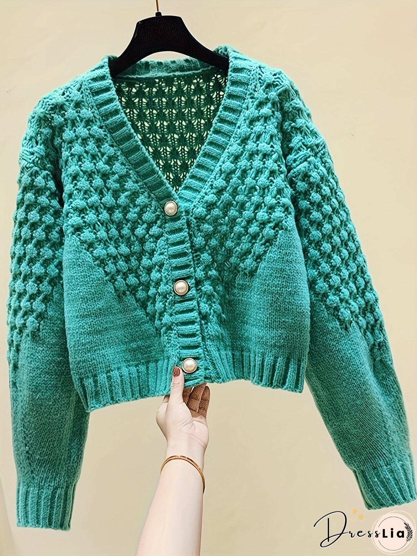 Button Front Knit Cardigan, Casual Solid V Neck Long Sleeve Sweater, Women's Clothing