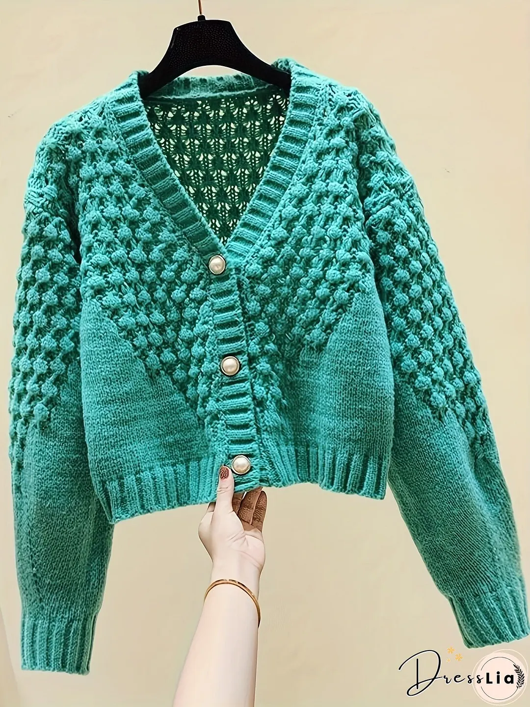 Button Front Knit Cardigan, Casual Solid V Neck Long Sleeve Sweater, Women's Clothing