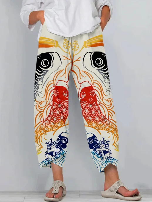 Comstylish Japanese Koinobori Art Cropped Casual Pants