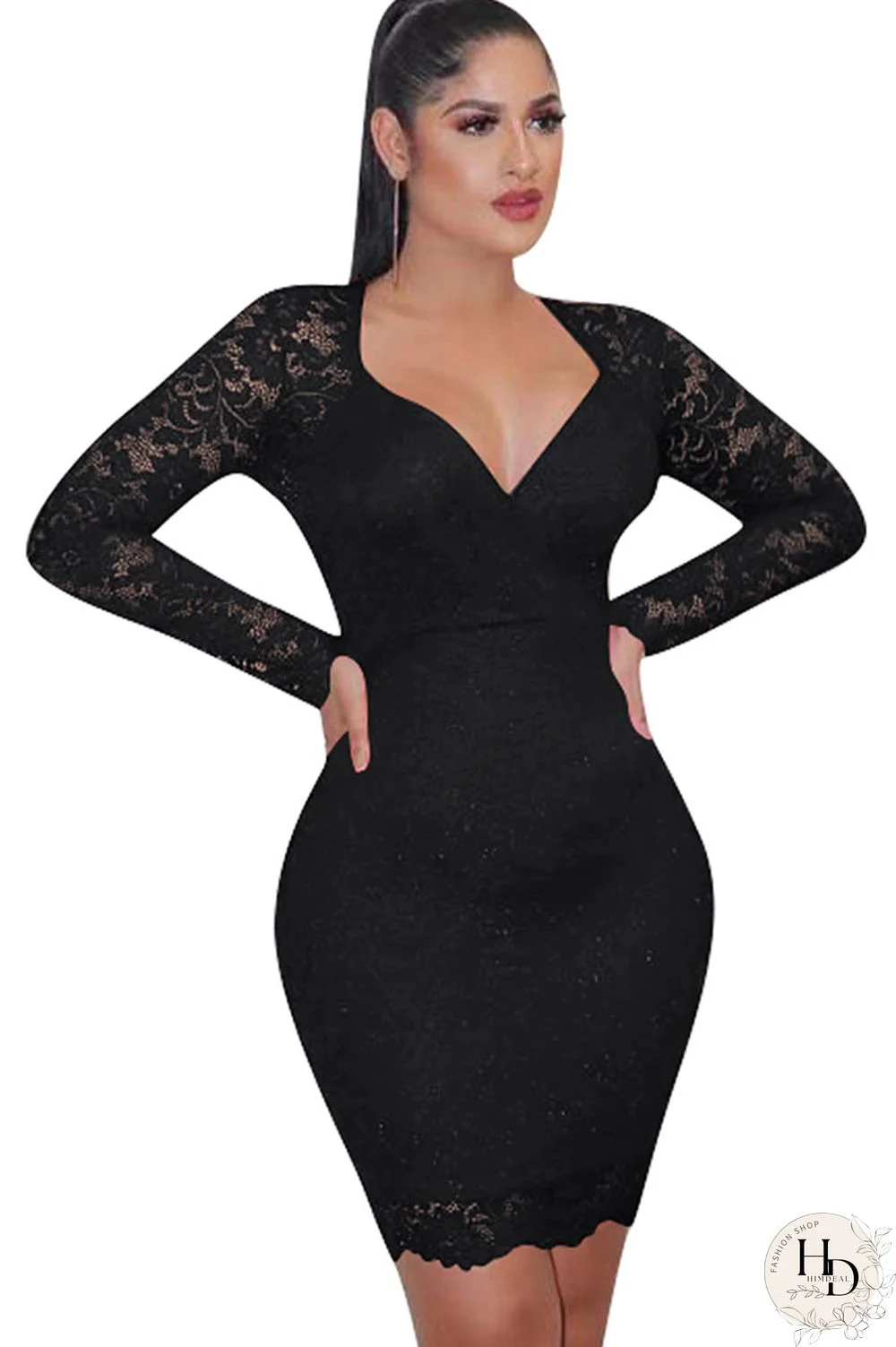 Red Lace Casual Cap Sleeve Long Sleeves V Neck Step Skirt Knee-Length lace Solid Patchwork Broken flower