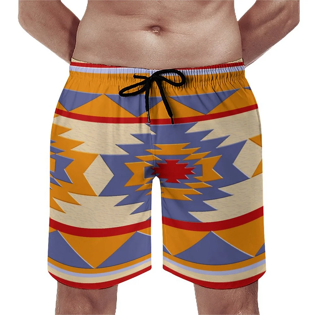 Abstract Ethnic Geometric Southwestern Face Men's Swim Trunks Summer Board Shorts Quick Dry Beach Short with Pockets