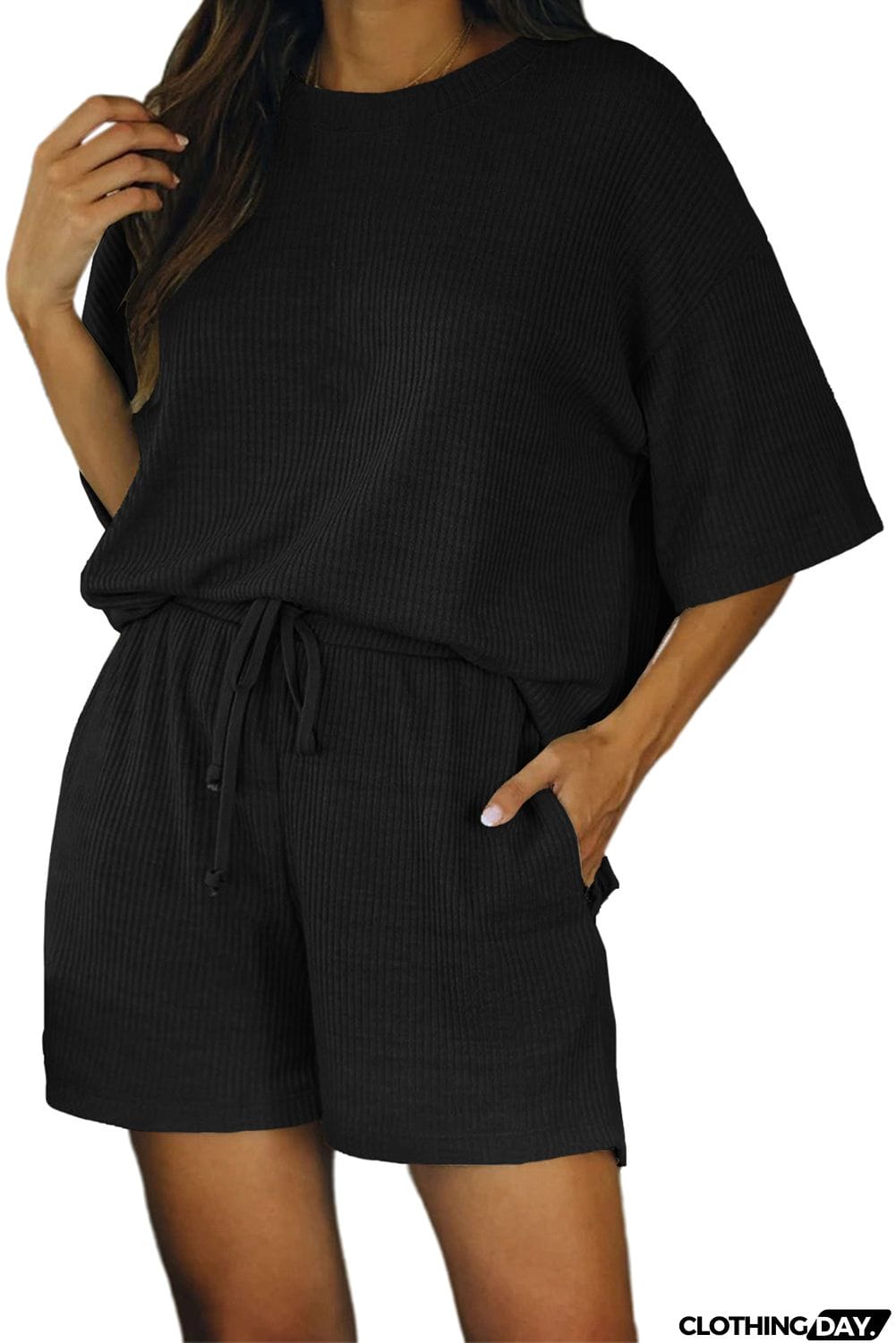 Khaki Crew Neck Short Sleeve Ribbed Lounge Set