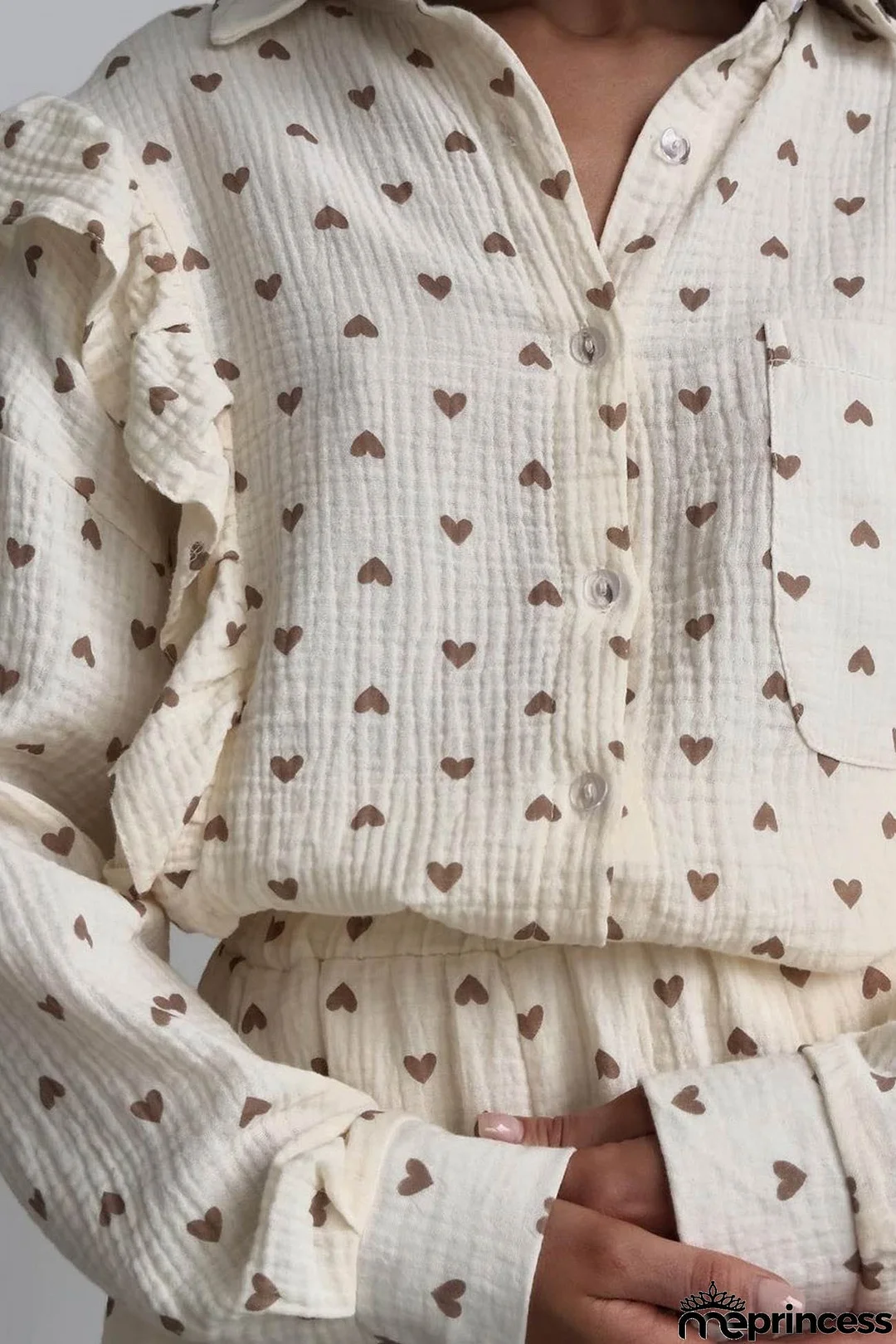 Heart Print Ruffle Long Sleeve Shirt Two Piece Shorts Set