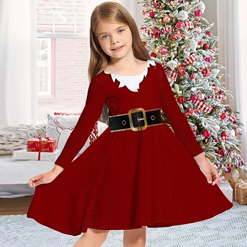Kids Girls' Christmas Dress Christmas Tree Snowflake Elk Santa Claus Casual Dress Above Knee Dress Party Dress Christmas Gifts Crewneck Long Sleeve Adorable Dress 2-13 Years Winter Dress