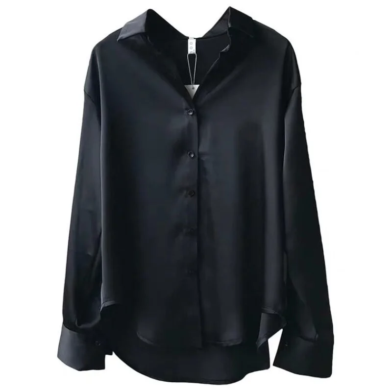 Jangj Spring Autumn Solid Color Satin Shirt Elegant Slim Blouse for Women Loose Open Stitch Tops Korean Turn-Down Collar Clothing