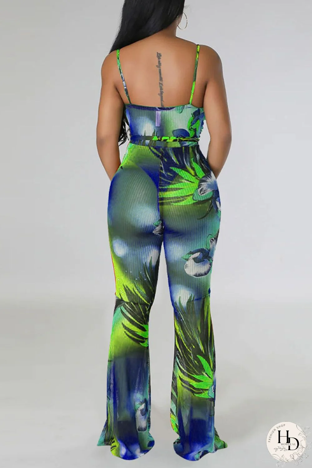 Blue Sexy Print Bandage Patchwork Spaghetti Strap Regular Jumpsuits