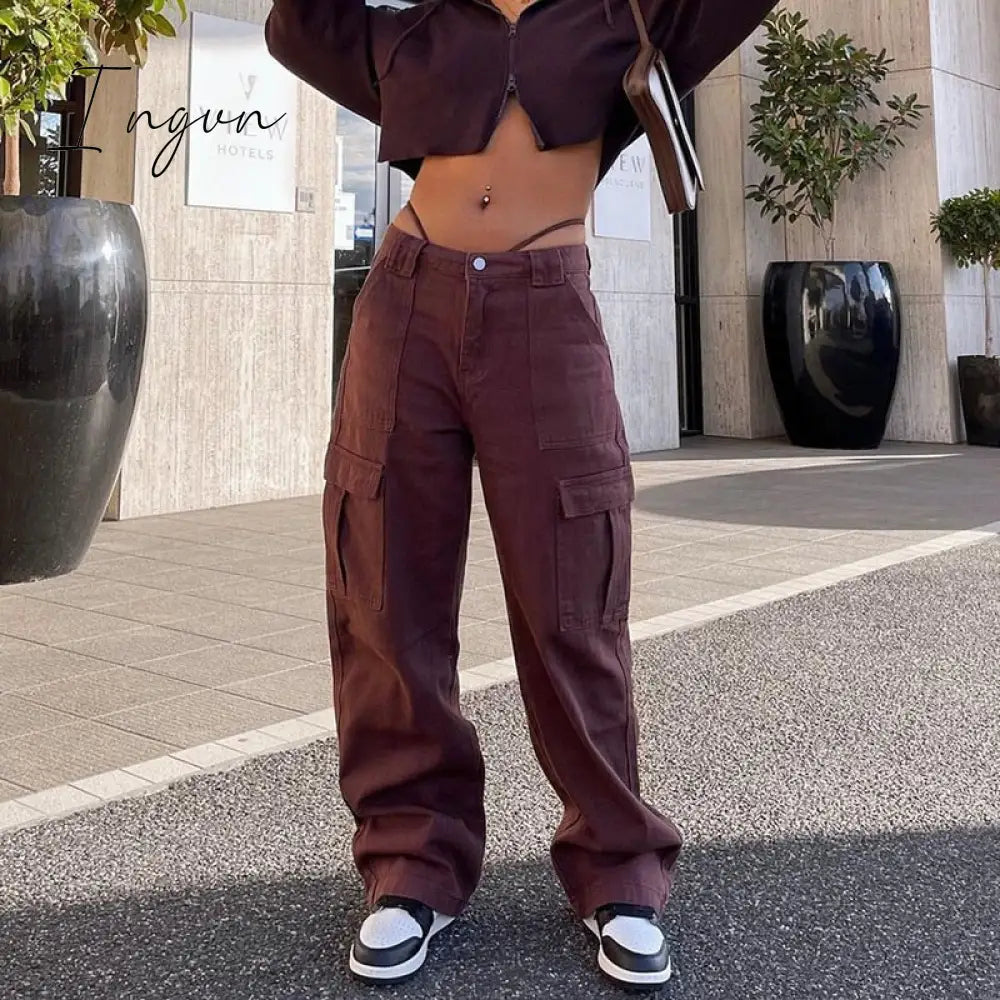Ingvn - Y2K Cargo Pants Women’s Jeans New Fashion Baggy Denim Overalls 90S Low Rise Pocket