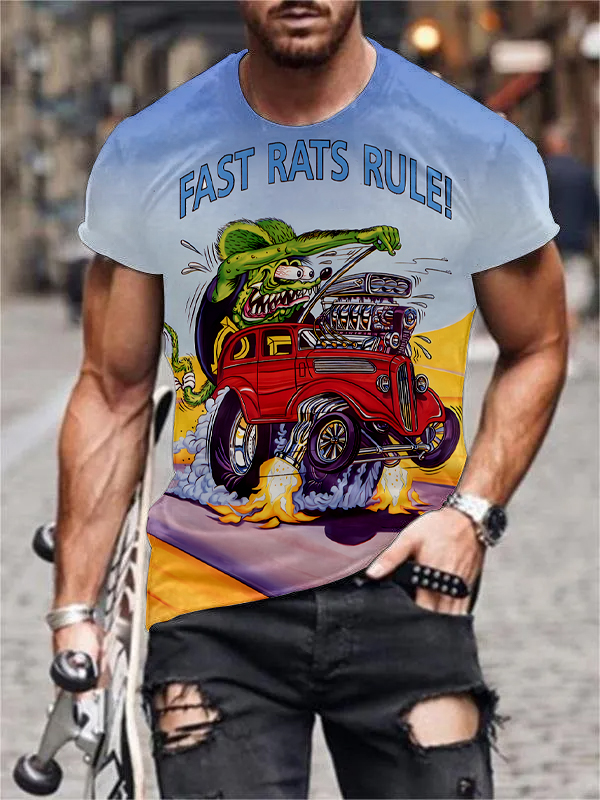 Men's Rat Driving Modified Car Print Short Sleeve T-Shirt PLUSCLOTHESMAN