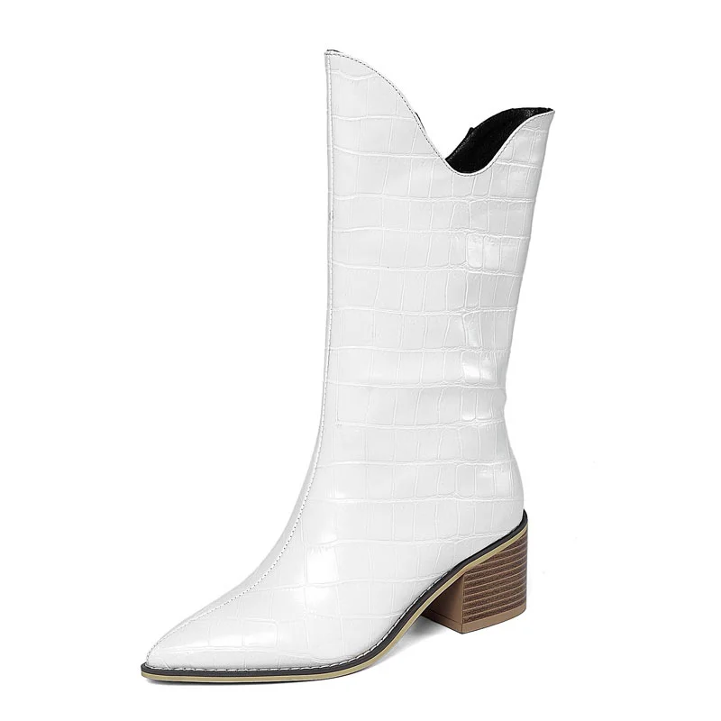 Women's Pointed Toe Stone Grain Surface Wood Grain Chunky Short Boots Simple Plus Size Mid Calf Boots Novameme