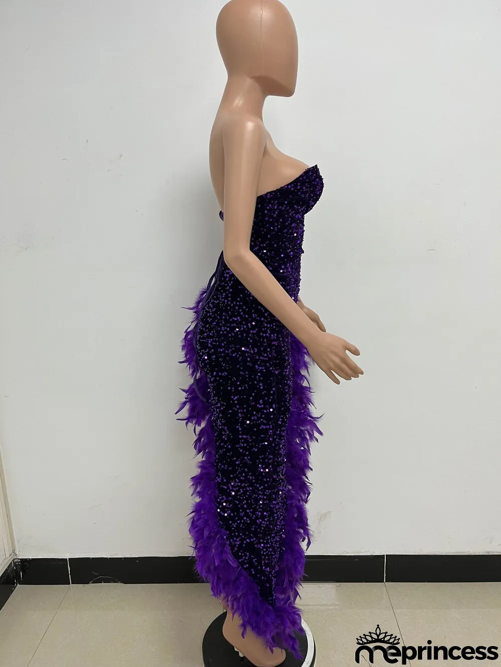 Women Sexy Off Shoulder Backless Sequin Feather Dress