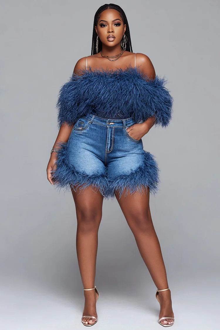 Xpluswear Design Plus Size Party Blue Cold Shoulder Feather See Through Faux Fur Tops [Pre-Order]