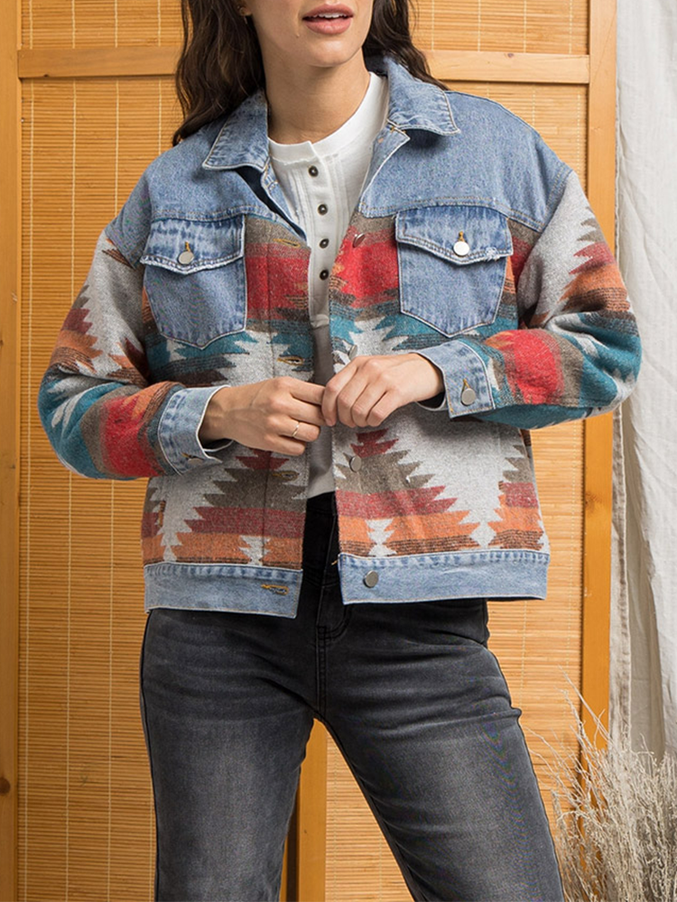 2021 Aztec Vintage Women Jacket denim Stitched Tweed Coat Long Sleeve Lapel