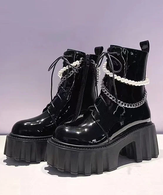 Black Boots Platform Cowhide Leather Fashion Splicing Cross Strap