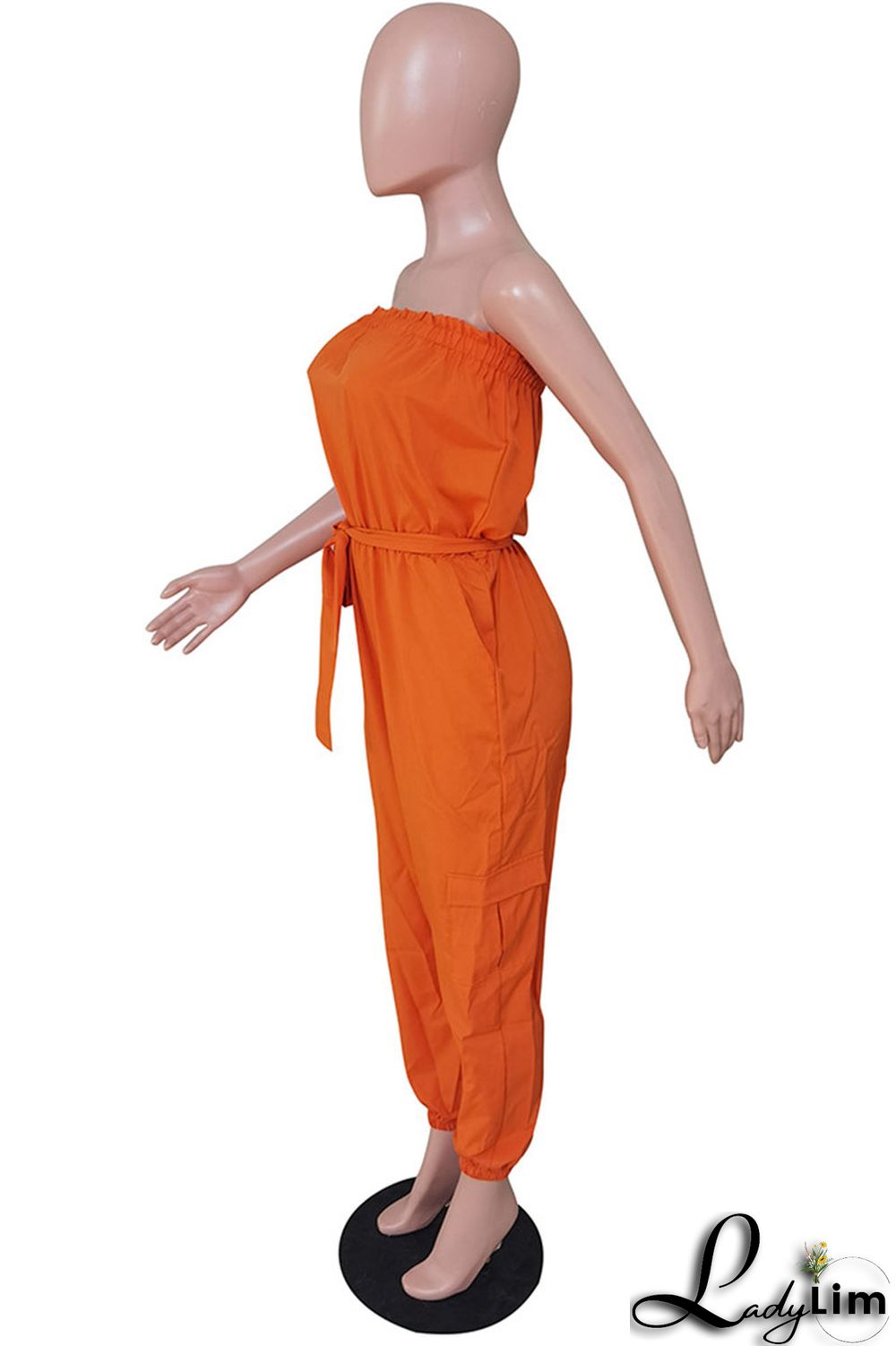 Orange Casual Solid Split Joint Strapless Regular Jumpsuits