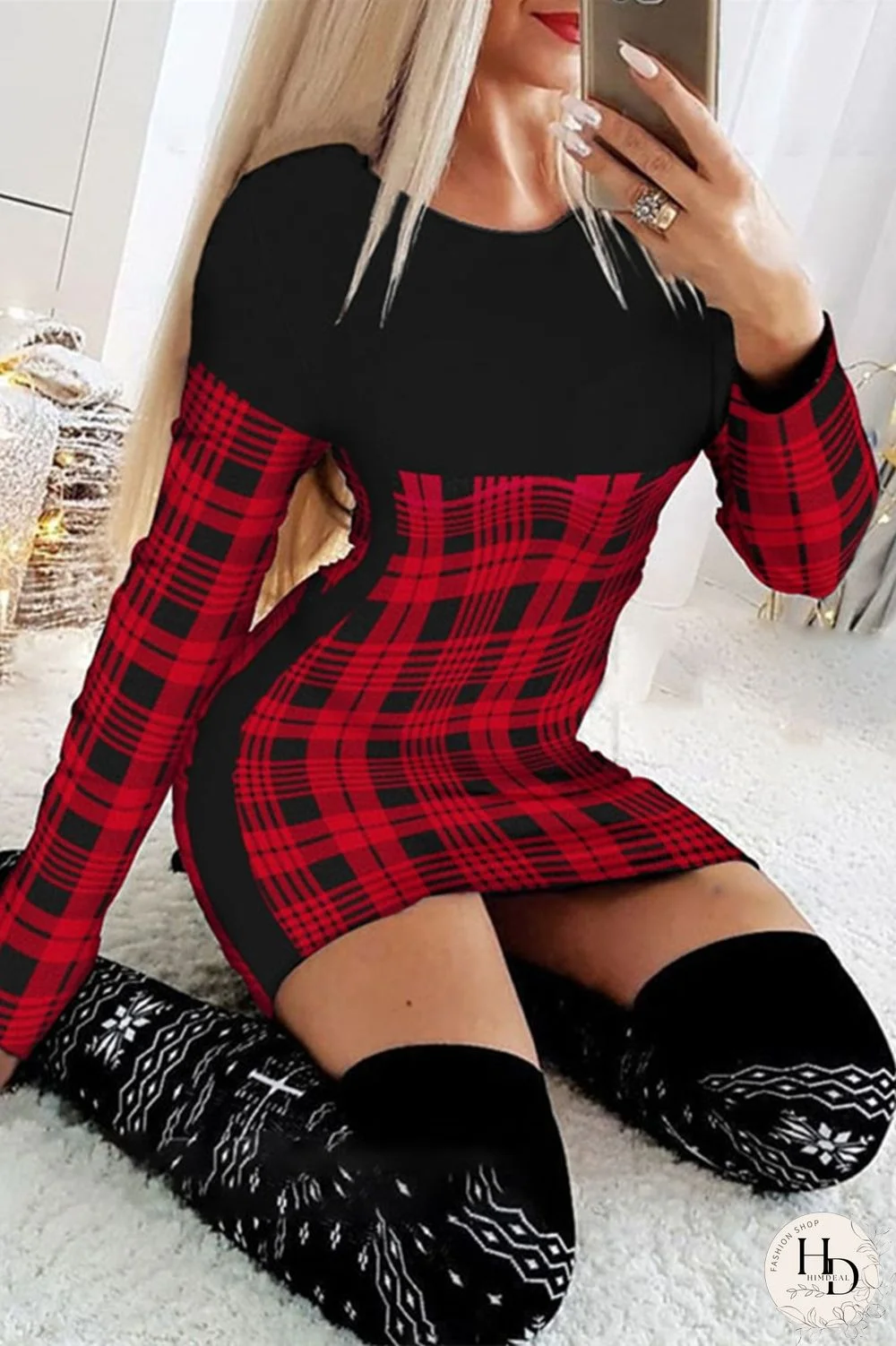 Black Red Fashion Casual Plaid Print Patchwork O Neck Long Sleeve Dresses