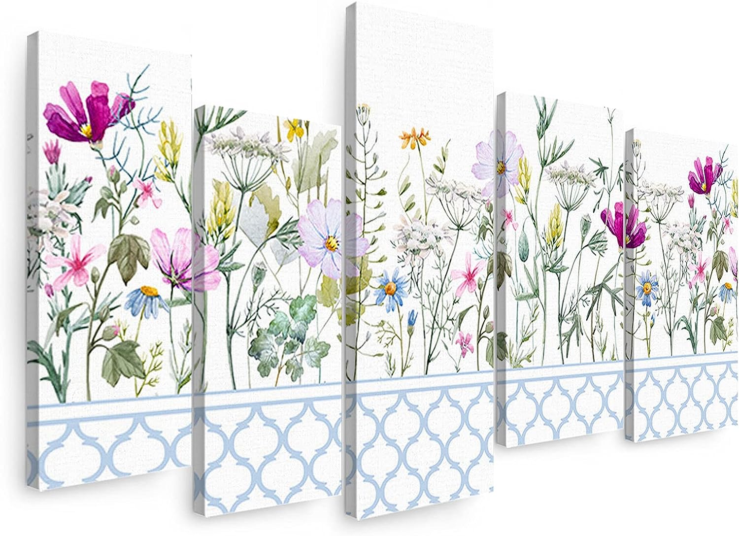 Sunteeny Canvas Wall Art 5 Piece Set for Living Room, Spring Flower Field Moroccan Plaid Picture Wall Decor Canvas Print Painting for Bathroom, Bedroom, Dining Room, Office, 8&#034;x16&#034;x4pcs, 8&#034;x24&#034;x1pc