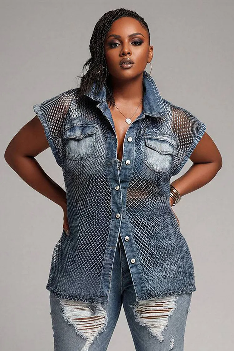 Xpluswear Design Plus Size Party Light Blue Shirt Collar Short Sleeve See Through Denim Blouses [Pre-Order] 2024 - Xpluswear