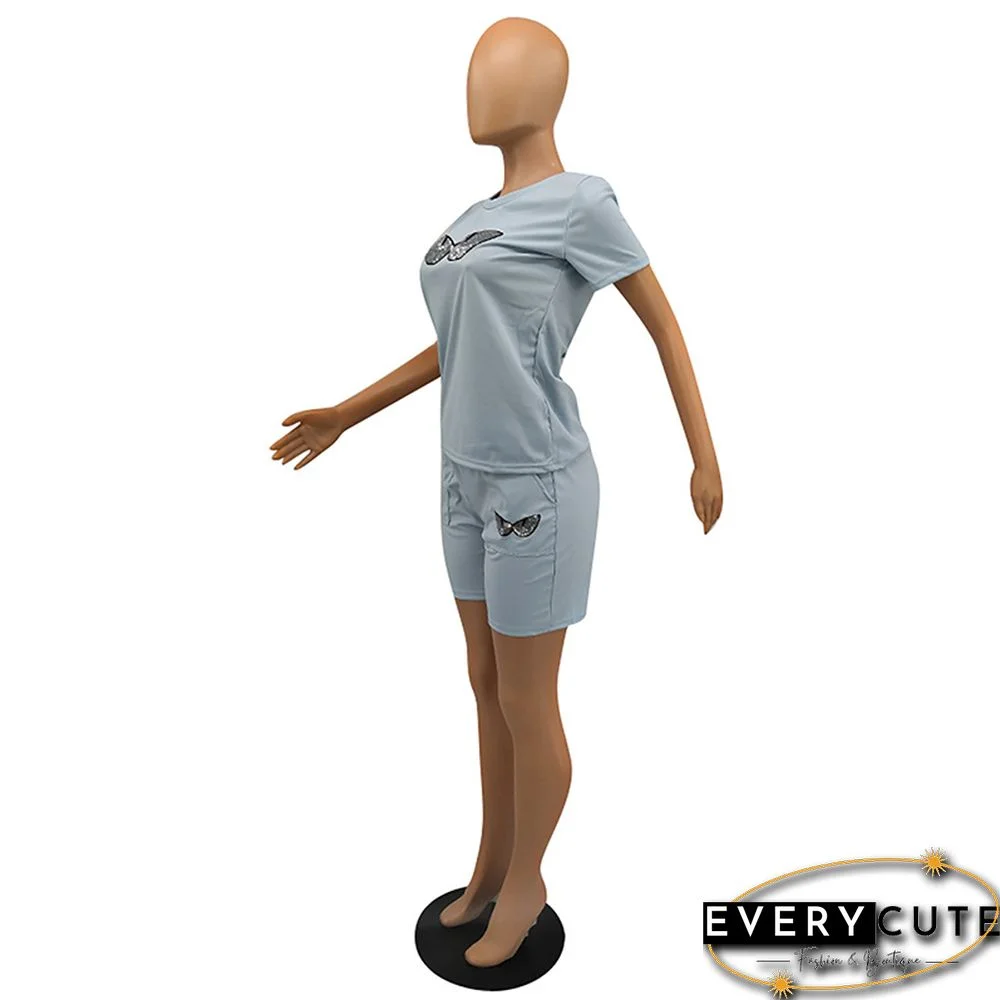 Light Blue Sequined Eyes Printed 2pcs Set