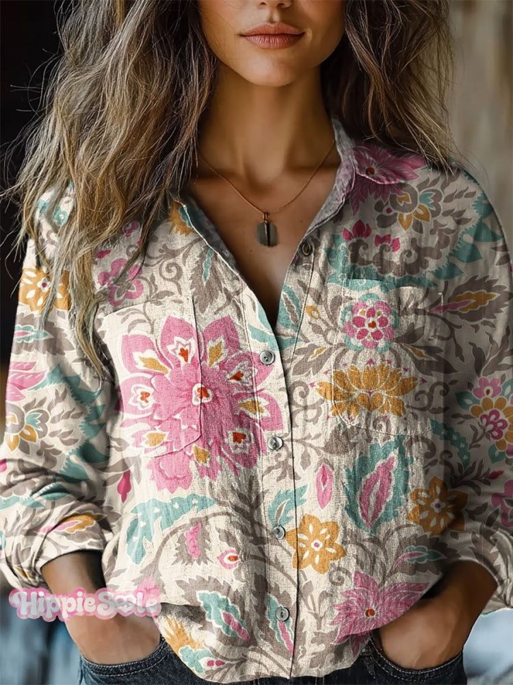 Women’s Floral Art Print Casual Long Sleeve Comfortable Cotton Shirt Multicolor / S