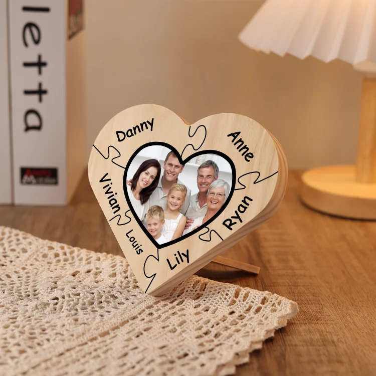 Personalisiertes 1 Foto & 6 Namen Holz Herzornament Puzzle Schreibtischdekoration Geschenk für Familie