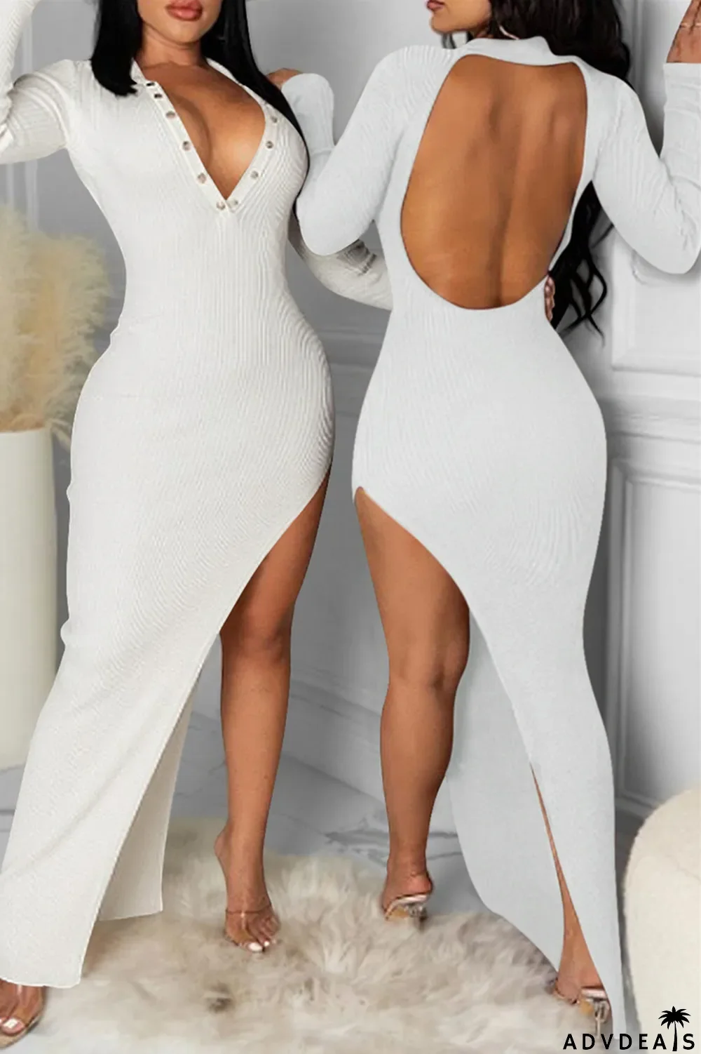 Brown Fashion Sexy Solid Backless V Neck Long Sleeve Dresses