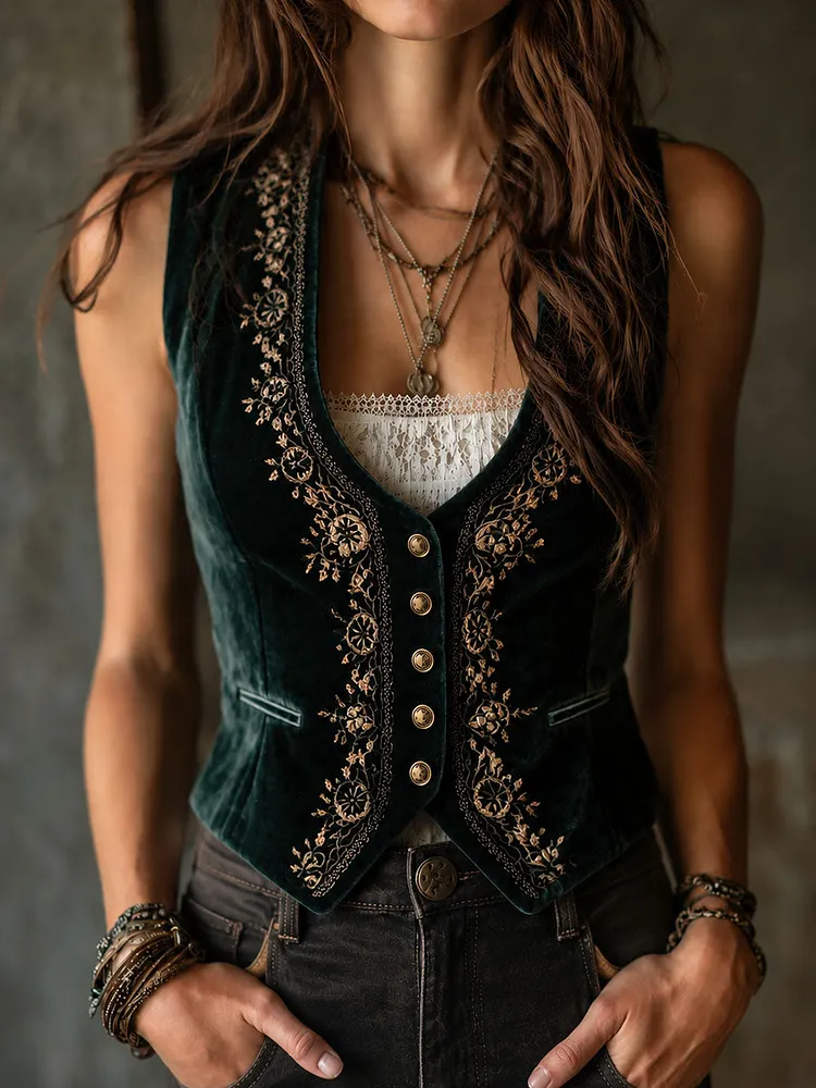 Boho Vintage Embroidered Dark Green Velvet Vest With Pockets